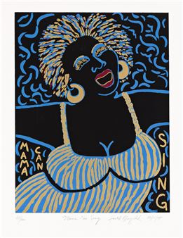 A vibrant graphic portrait of a singing figure with bold blue and gold colors.