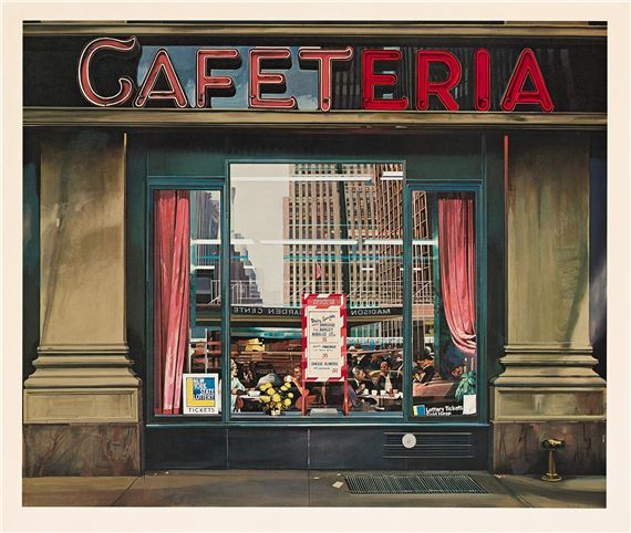 A realistic painting of a storefront with a large red neon sign and a window revealing an interior scene.