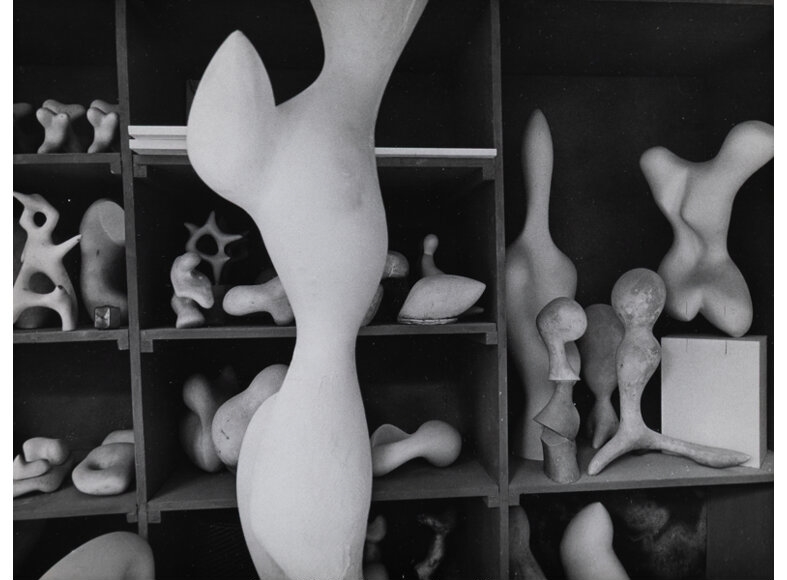 A black-and-white portrait of an older man framed by large, smooth sculptural forms.