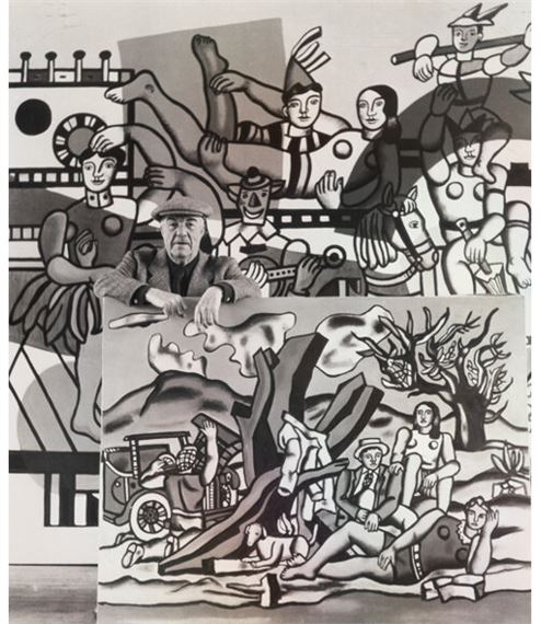 A black-and-white collage featuring two distinct scenes with figures in a cubist style.