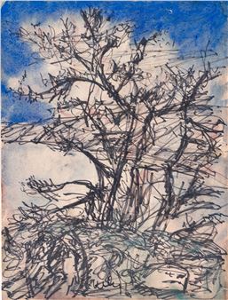 A sketchy study of a leafless tree against a blue sky.