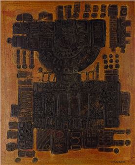 A dark, blocky abstract composition on a warm ochre background.
