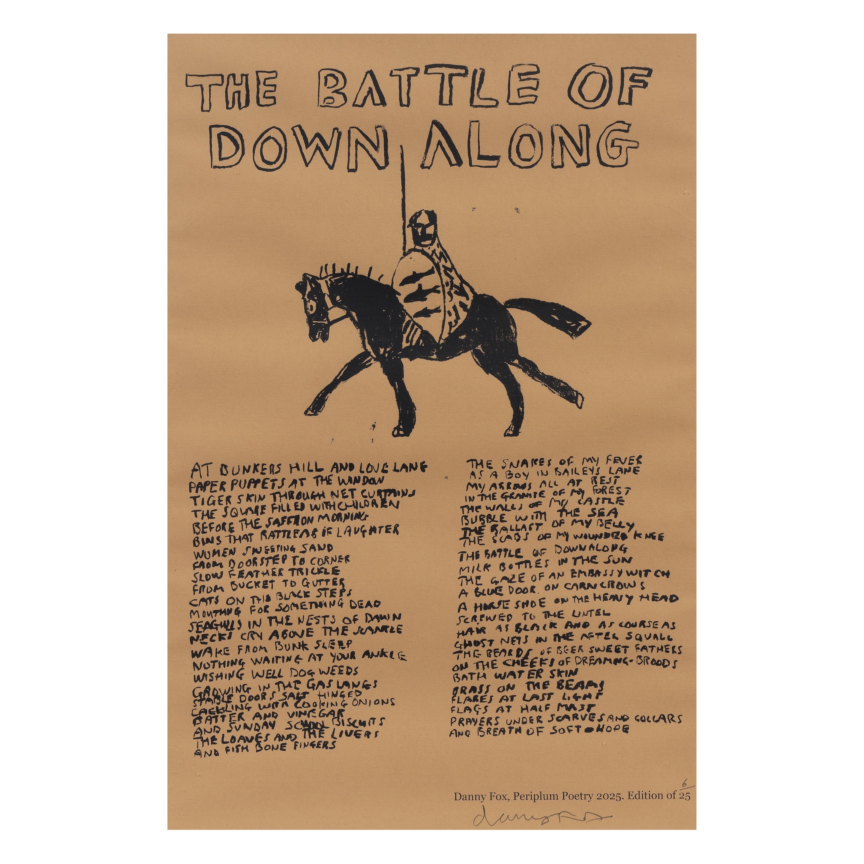 A graphic print featuring a knight on horseback and a poem titled 'The Battle of Down Along'.