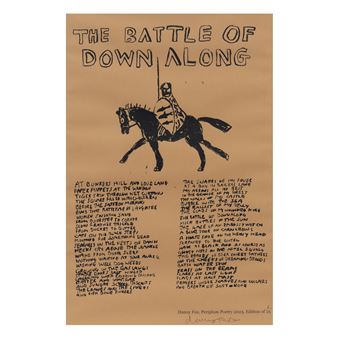 A graphic print featuring a knight on horseback and a poem titled 'The Battle of Down Along'.