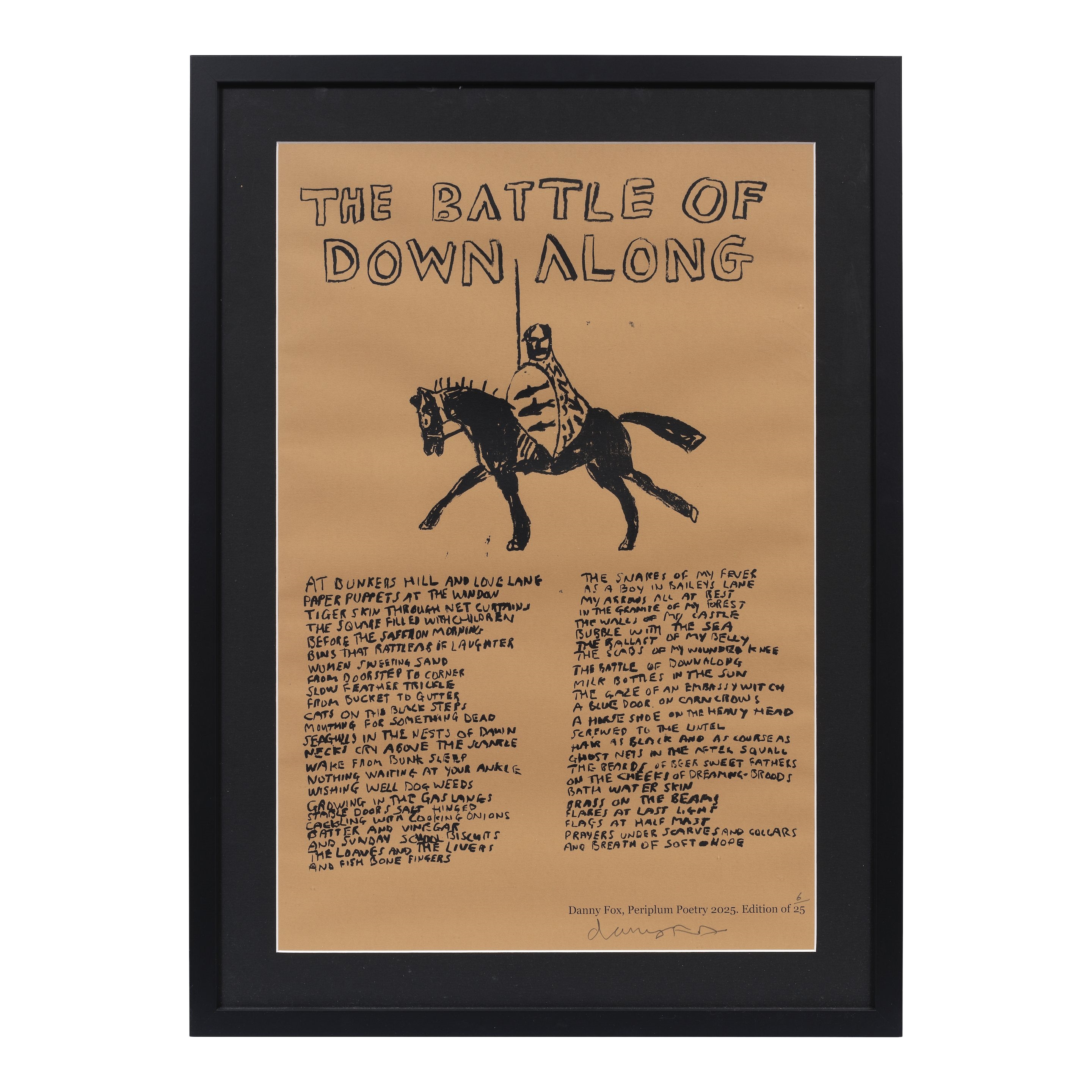 A graphic print featuring a knight on horseback and a poem titled 'The Battle of Down Along'.