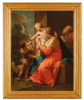 A classical oil painting depicting a seated woman in red holding a child while two young figures reach toward them.