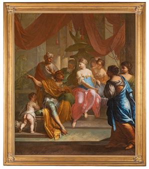 A classical painting depicting a mythological gathering with figures in flowing robes and drapery.