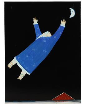A figure in a blue robe reaches for the moon against a dark night sky.