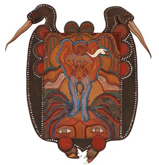 A symmetrical folk-art style panel featuring a central figure flanked by bird-like forms and an ornate border.