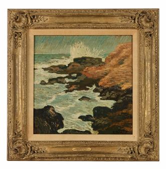 A seascape painting in an ornate frame depicting a rocky coastline with crashing waves.