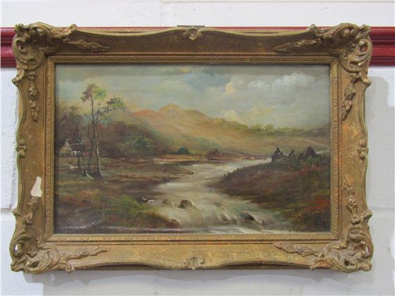 A framed oil painting depicting The River Dee near Balmoral - George Aikman