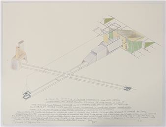 A technical architectural drawing of a futuristic industrial complex with detailed blueprints and descriptive text.