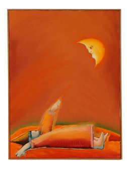 A surreal painting of a figure lying on an orange surface, gazing upward at a crescent moon with a face.