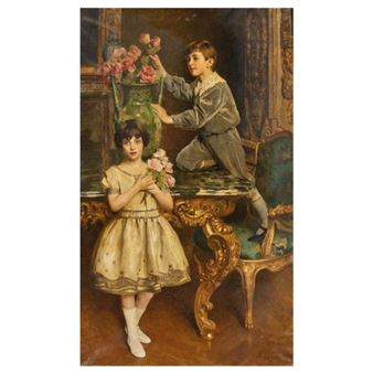 A classical oil painting of two children in a richly decorated interior.