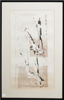 An abstract composition featuring vertical black strokes and a central white figure against a beige background.
