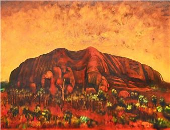 A fiery landscape painting featuring a massive rock formation under a glowing orange sky.