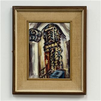 A framed painting of an ornate, dark interior with a blue box in the foreground.