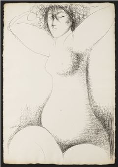 A sketch of a nude figure with arms raised, rendered in loose charcoal lines.