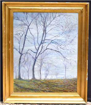 A winter landscape painting featuring bare trees against a pale sky, framed in gold.