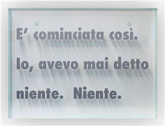 A minimalist text-based artwork featuring Italian phrases on a translucent panel.