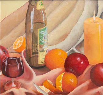 A still life painting featuring a bottle, wine glass, and fruit on a draped cloth.