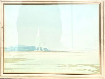 A serene landscape print featuring a distant sailboat on calm waters under a pale sky.