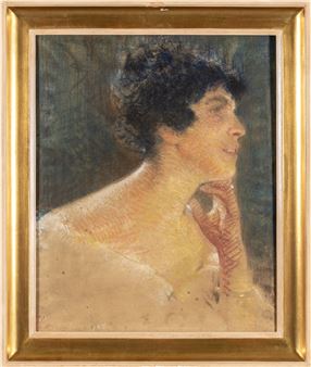 A profile portrait of a dark-haired figure in warm tones, rendered with loose, expressive brushwork.