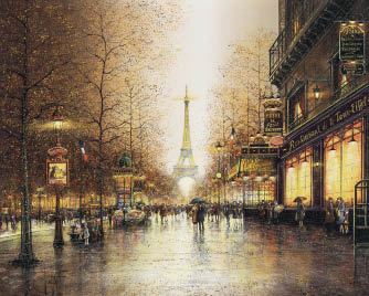 A wet, atmospheric street scene in a European city with the Eiffel Tower glowing in the distance.