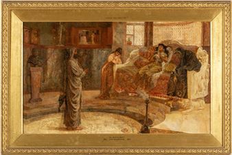 A classical painting depicting a dramatic indoor scene with multiple figures in robes, centered around a raised platform.