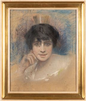 A soft pastel portrait of a figure with dark hair and a small hat, rendered in warm earth tones.