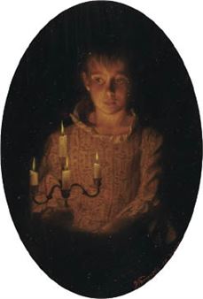 A somber portrait of a young figure holding a candlestick in an oval composition.