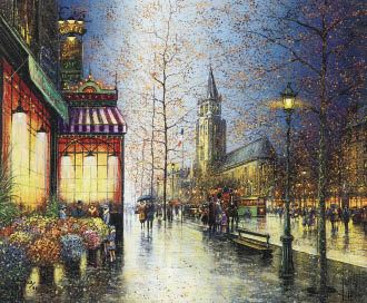A vibrant street scene at dusk featuring a glowing storefront, a church spire, and a bustling crowd under a starry sky.
