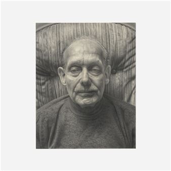 A hyper-realistic pencil portrait of an elderly figure with a mustache, seated against a textured background.