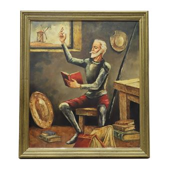 A medieval figure in armor reads a book while pointing to a windmill outside.