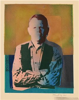 A stylized portrait of a seated figure with crossed arms against a vibrant, layered background.
