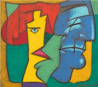 A vibrant abstract portrait featuring two stylized faces in bold primary colors.