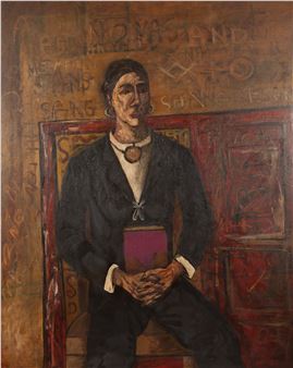 A somber portrait of a seated figure in dark clothing holding a red book, set against a textured wall covered in faint inscriptions.