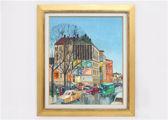 A colorful street scene painting framed in gold, depicting a busy urban corner with vintage cars and pedestrians.