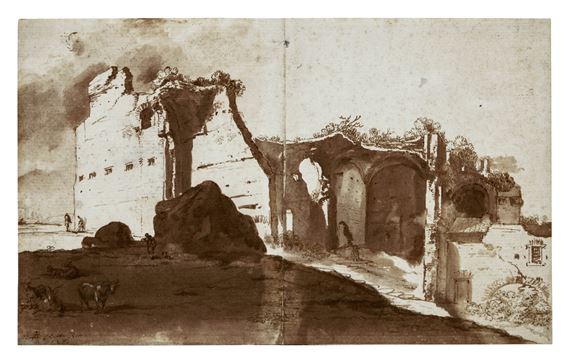 Recto: The Ruins of the Baths of Diocletian, Rome Verso: Sketch of Houses - Bartholomeus Breenbergh