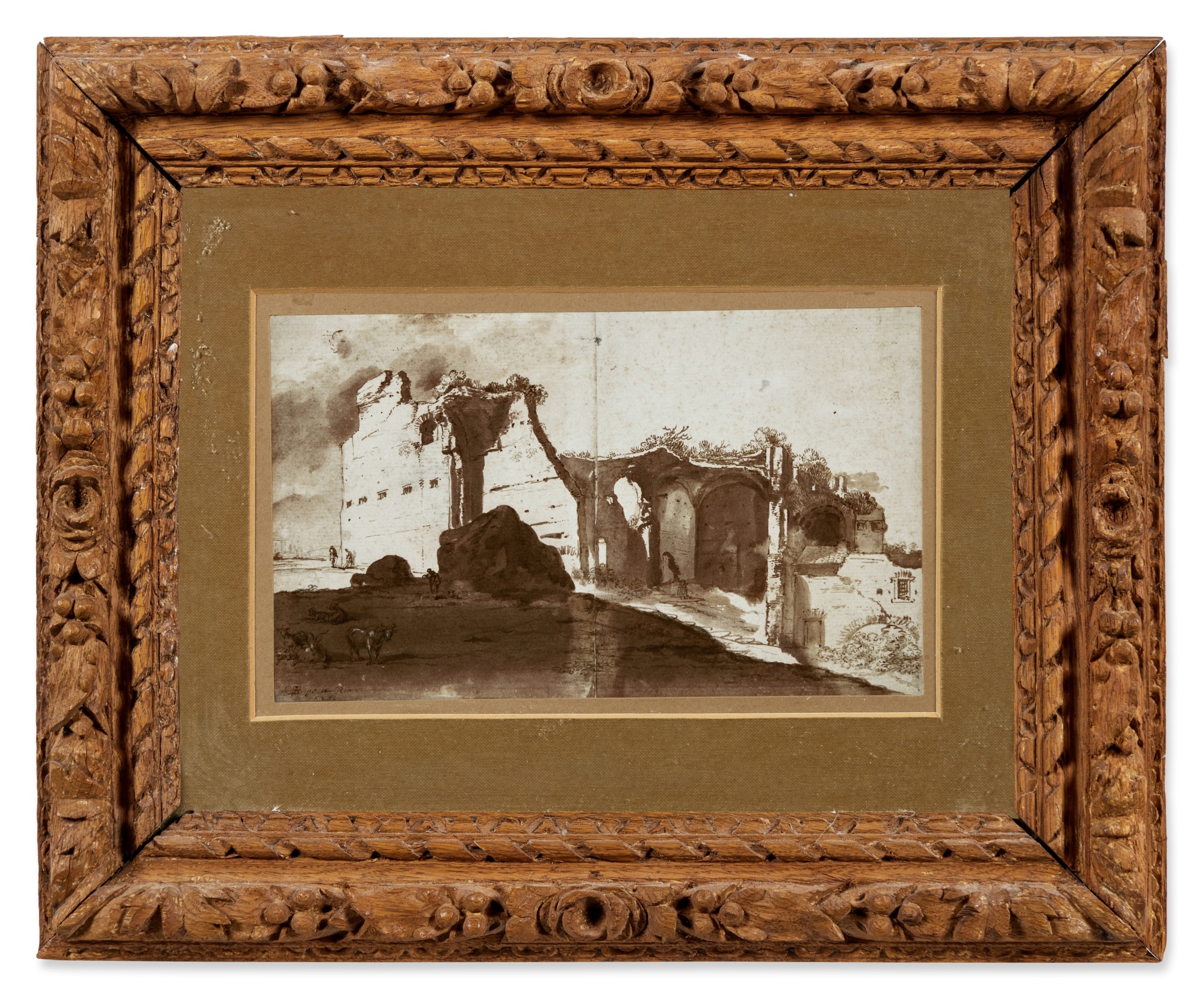 A sepia-toned sketch of crumbling stone ruins with a few small figures and animals in the foreground.