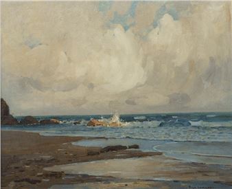 A seascape painting depicting a dramatic coastal scene with turbulent waves and heavy clouds.