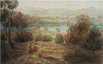 A watercolor landscape painting of a river valley with a distant sailboat.