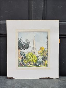 A watercolor landscape of a church spire rising above a tree-lined park.