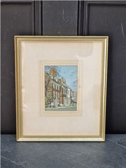 "A framed watercolor of a row of brick townhouses under a blue sky."
