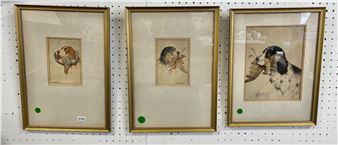 Three framed illustrations of dogs in a row, each with a different pose and artistic style.