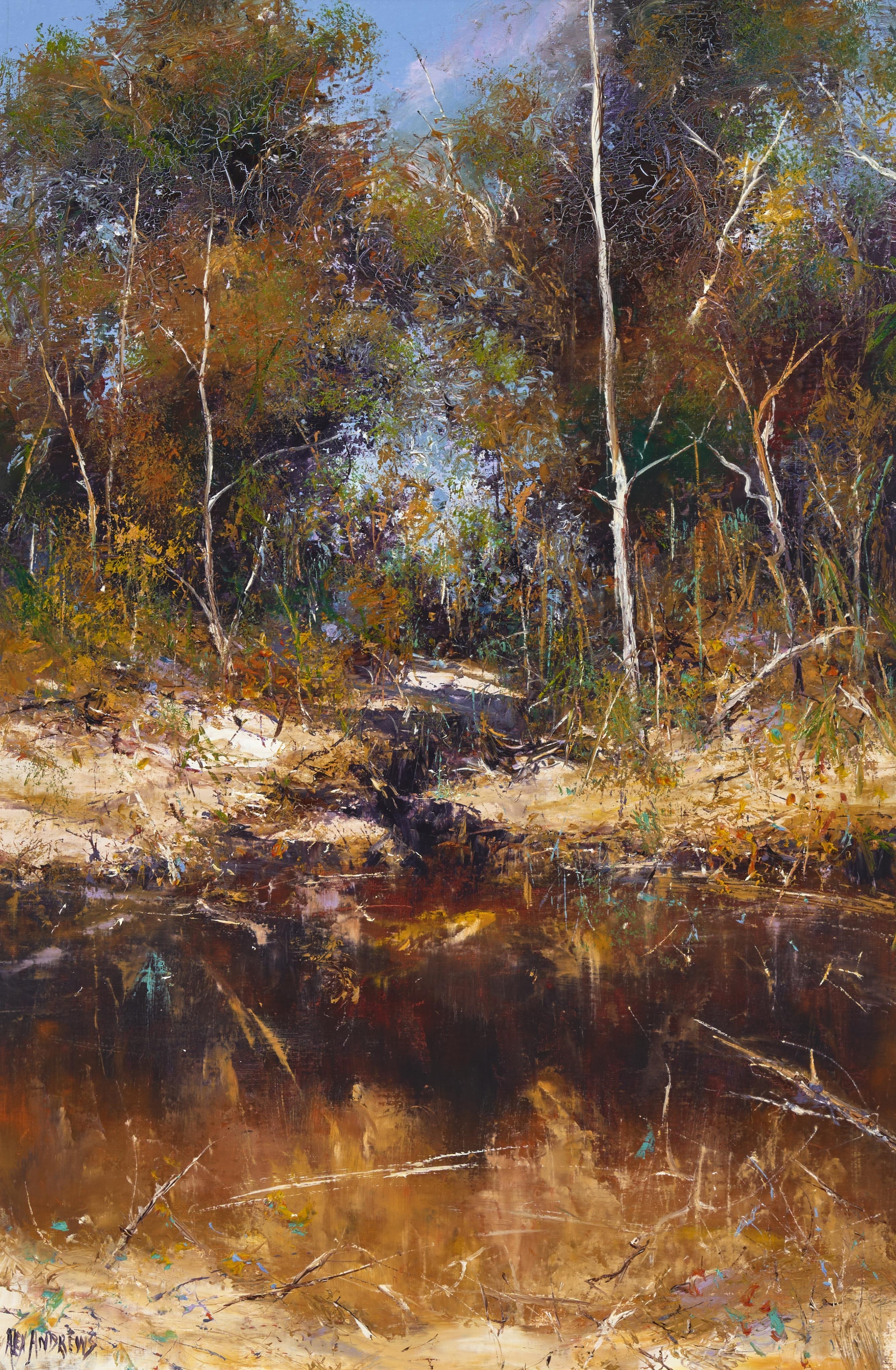 A painterly landscape of a forest stream reflecting the autumnal trees.