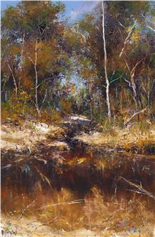 A painterly landscape of a forest stream reflecting the autumnal trees.