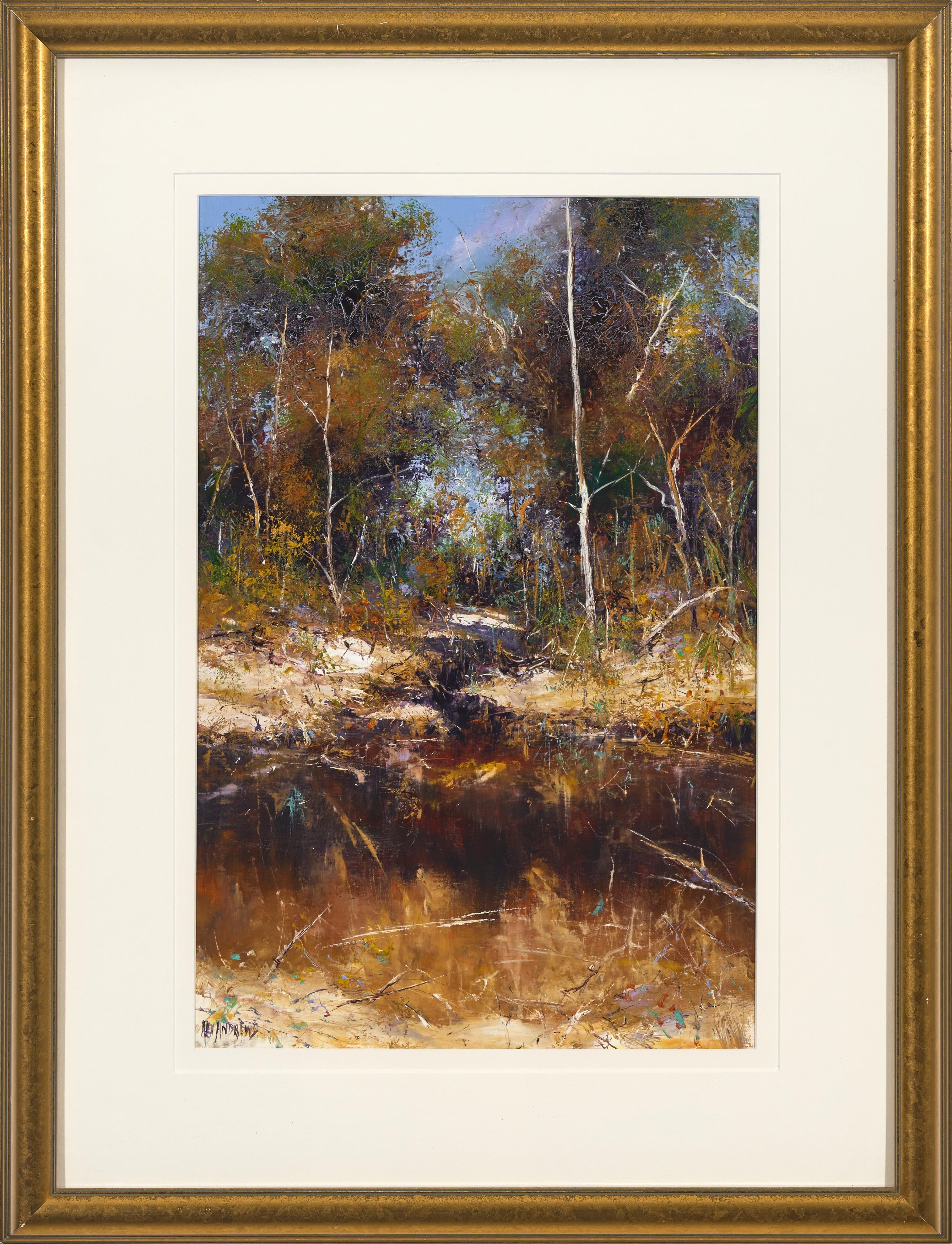 A painterly landscape of a forest stream reflecting the autumnal trees.