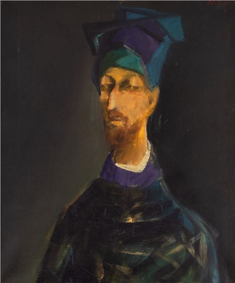 A portrait of a figure in a graduation cap against a dark background.