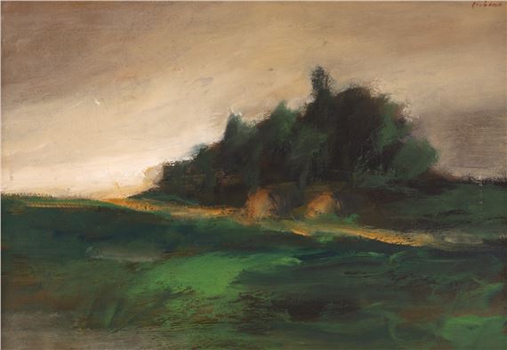 A moody landscape painting featuring a dark hill under an atmospheric sky.
